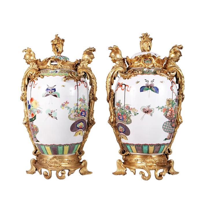 Pair of Samson porcelain vases with gilt bronze mounts and polychrome enamel, offered by Nicholas Wells Antiques