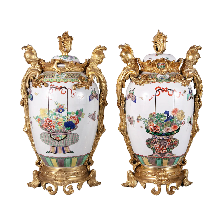 Pair of ornate Samson porcelain vases with gilt bronze mounts and polychrome enamel, sold by Nicholas Wells Antiques