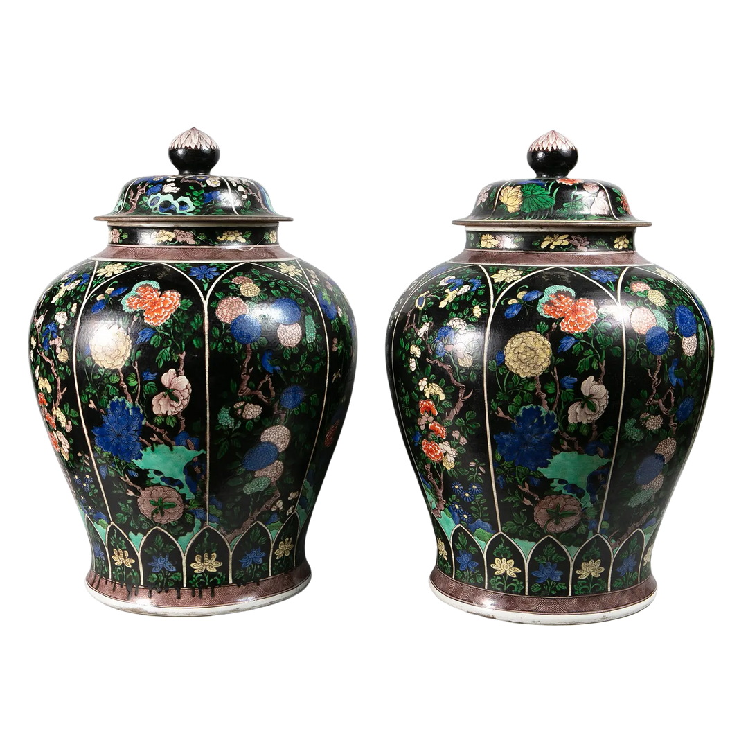 Pair of Famille Noir Baluster Jars and Covers