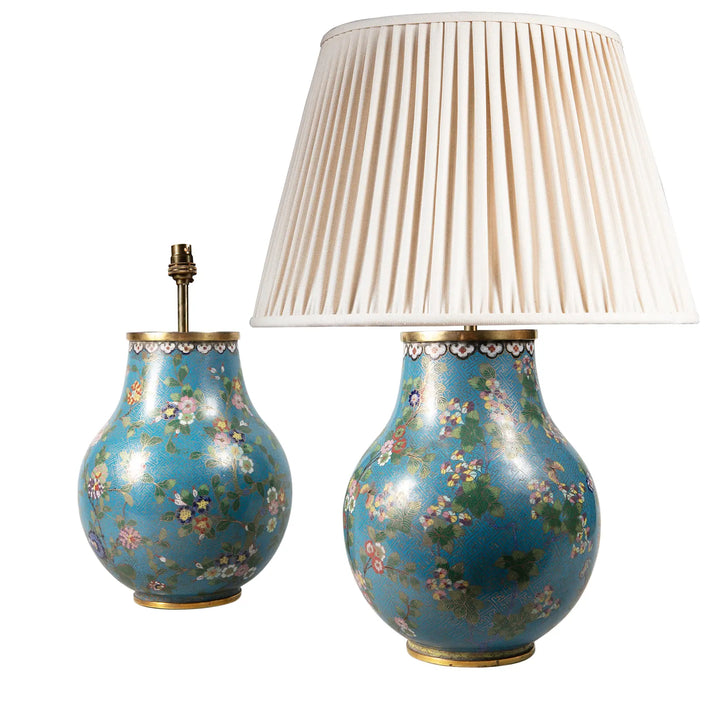 Pair of Chinese Cloisonné Enamel Vases Mounted as Lamps with floral design on turquoise ground circa 1880