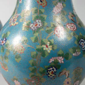 Pair of Chinese Cloisonnรฉ Enamel Vases Mounted as Lamps with blossoming flowers on turquoise ground circa 1880