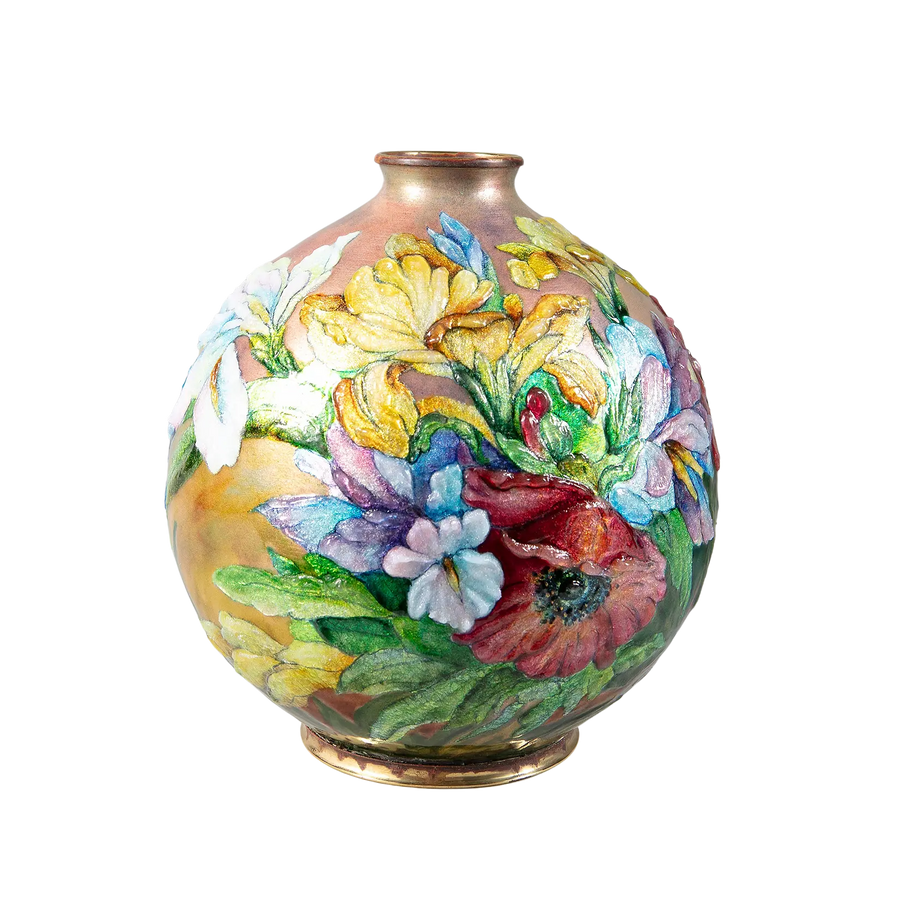 Art Nouveau enamel vase by Camille Faurรฉ, Limoges with vibrant floral design, offered by Nicholas Wells Antiques