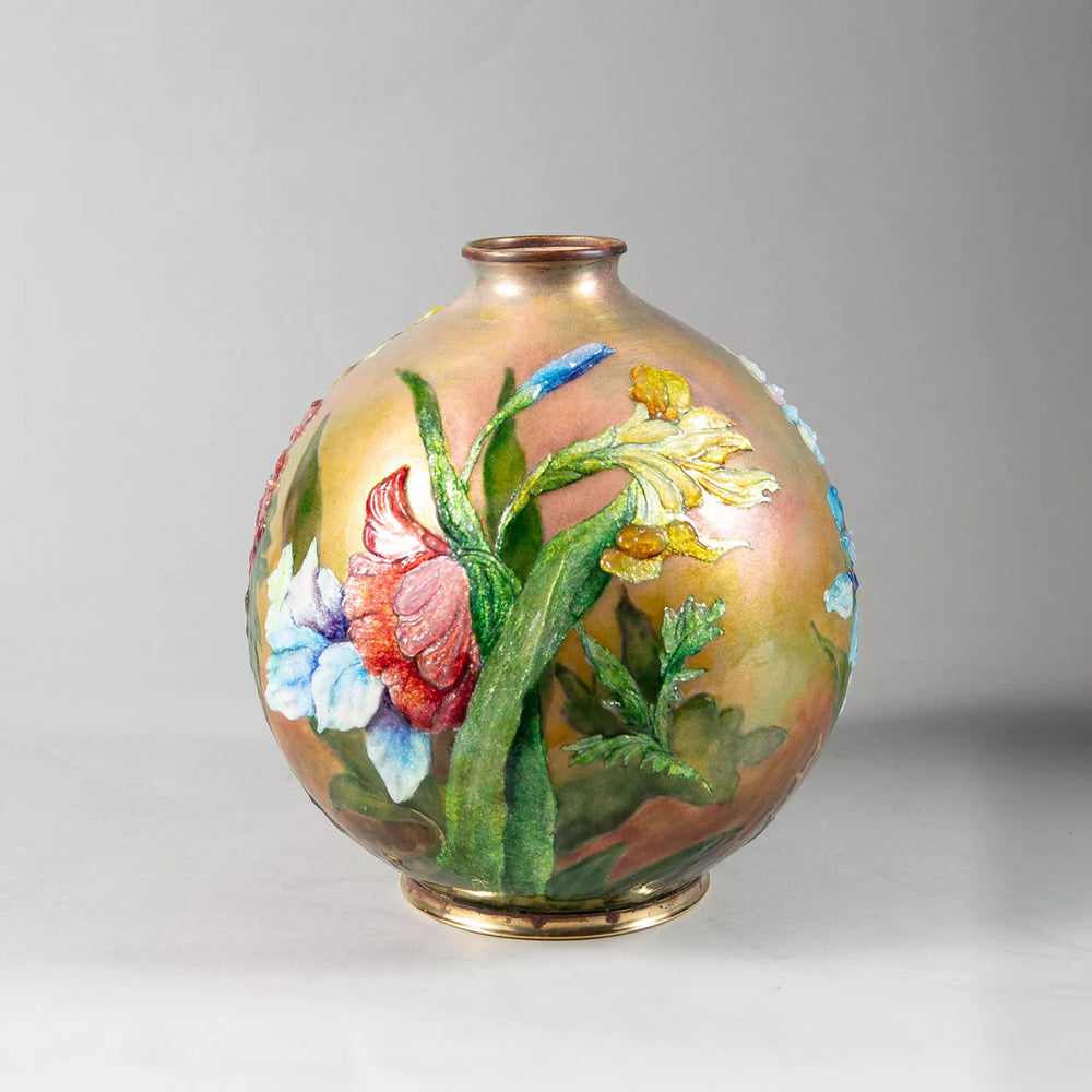 Art Nouveau enamel vase with colorful floral design by Camille Faurรฉ, offered by Nicholas Wells Antiques