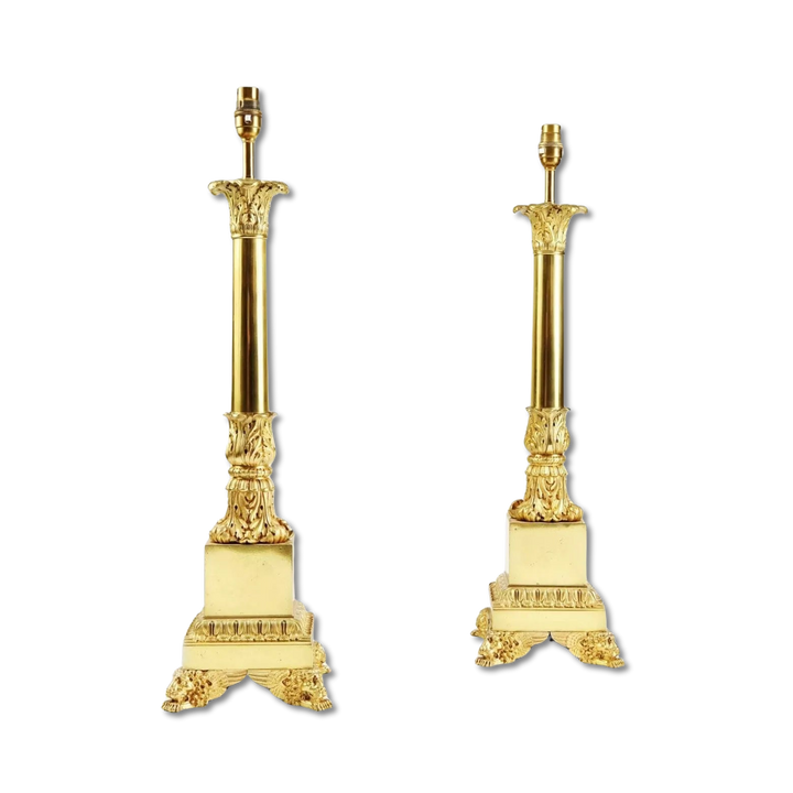 Pair of French Carcel Polished Bronze Table Lamps with Corinthian columns and lion paw feet, circa 1840.