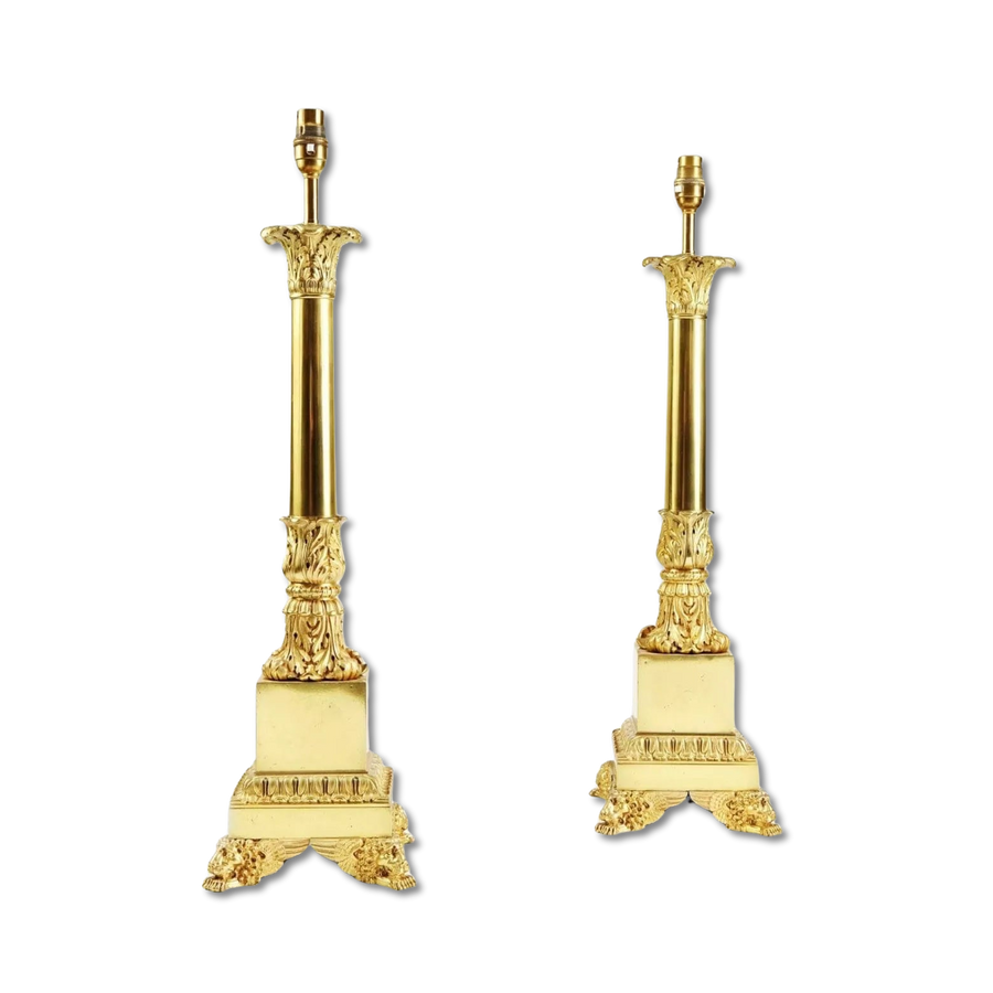 Pair of French Carcel Polished Bronze Table Lamps with Corinthian columns and lion paw feet, circa 1840.