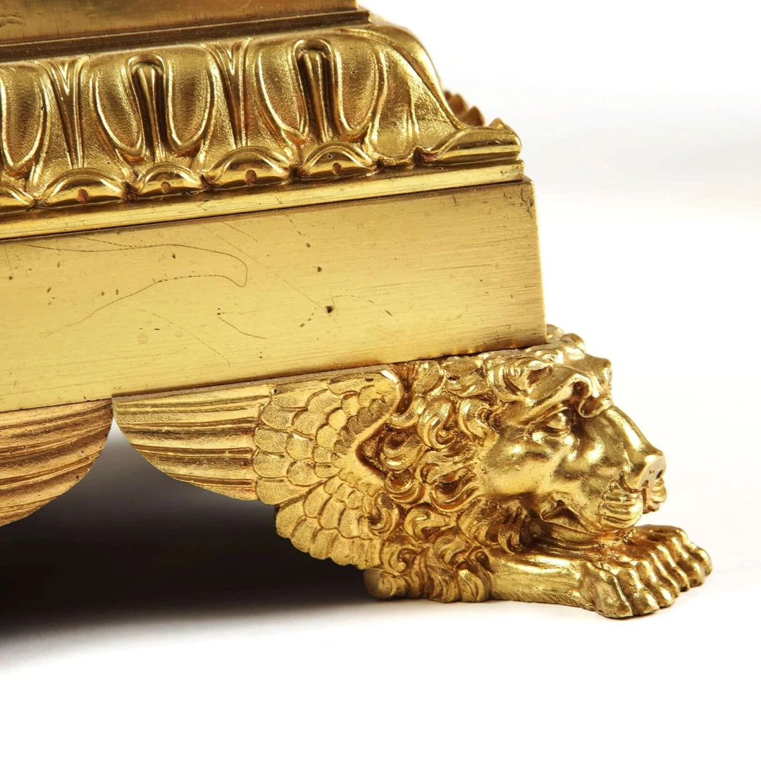 Pair of French Carcel Polished Bronze Table Lamps featuring lion mask paw feet and detailed bronze craftsmanship.