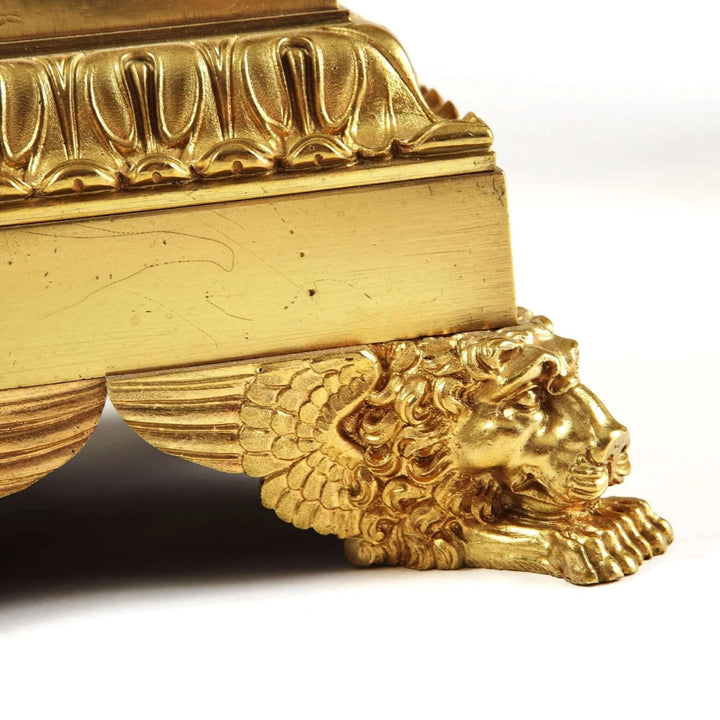 Pair of French Carcel Polished Bronze Table Lamps featuring lion mask paw feet and detailed bronze craftsmanship.