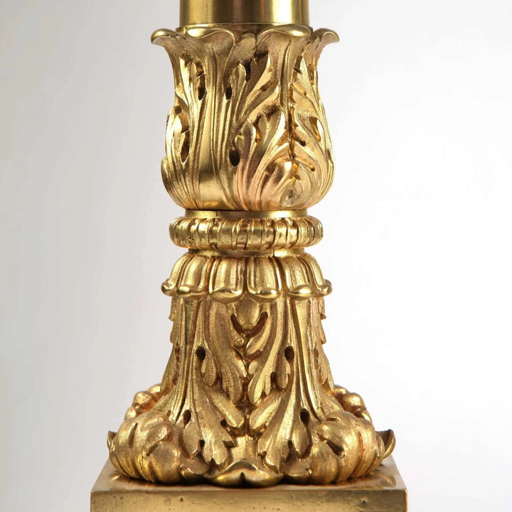 Pair of French Carcel Polished Bronze Table Lamps with acanthus scroll and Corinthian fluted column detail.