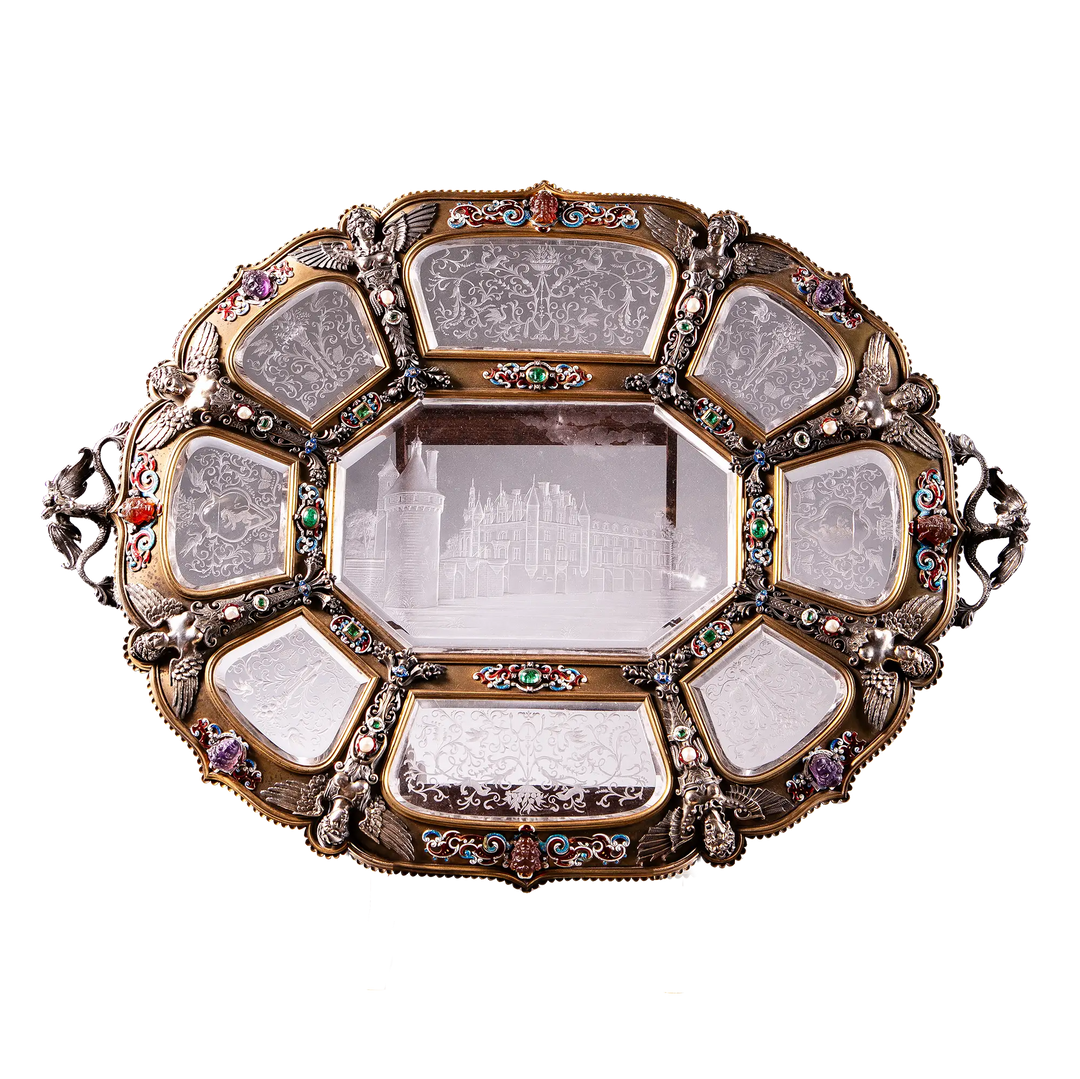 19th century silver gilt tray with rock crystal engraving and enamel mounts by Karl Rössler, Nicholas Wells Antiques