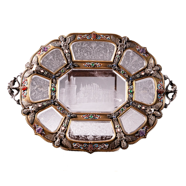 19th century silver gilt tray with rock crystal engraving and enamel mounts by Karl Rössler, Nicholas Wells Antiques