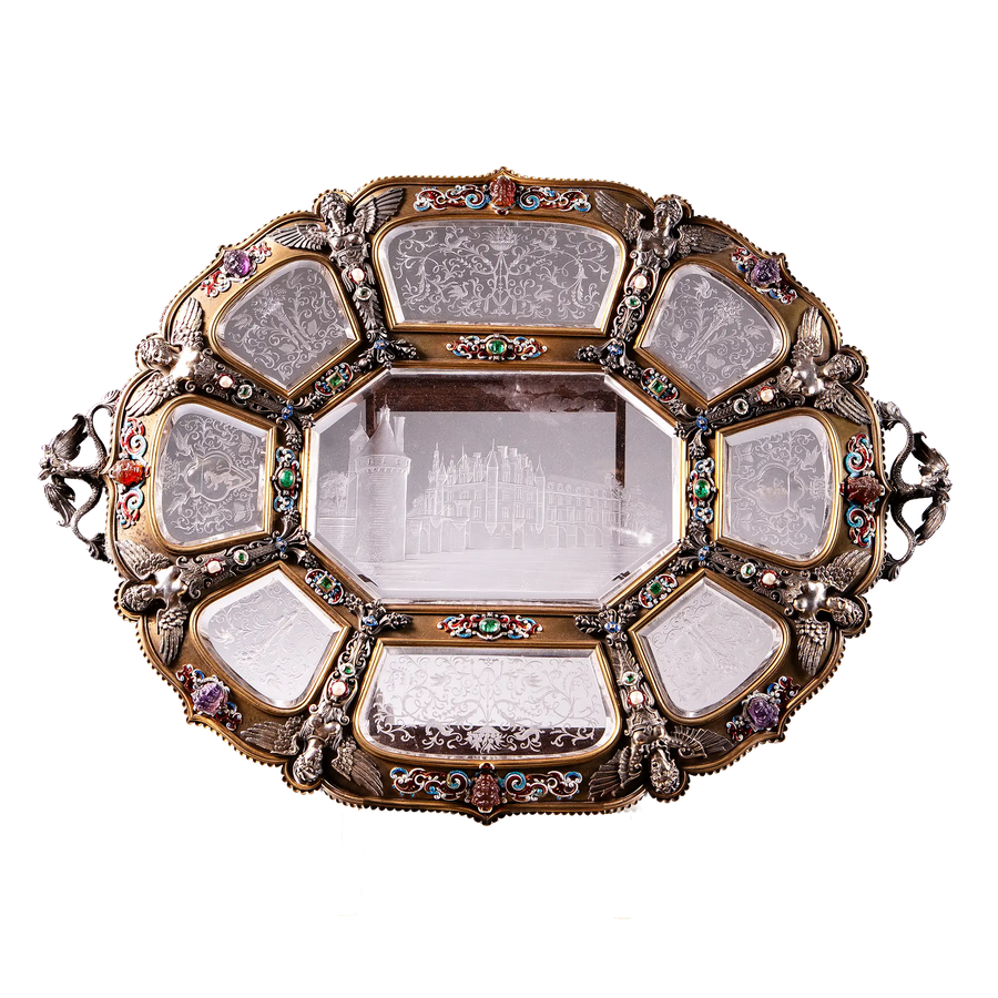19th century silver gilt tray with rock crystal engraving and enamel mounts by Karl Rรถssler, Nicholas Wells Antiques