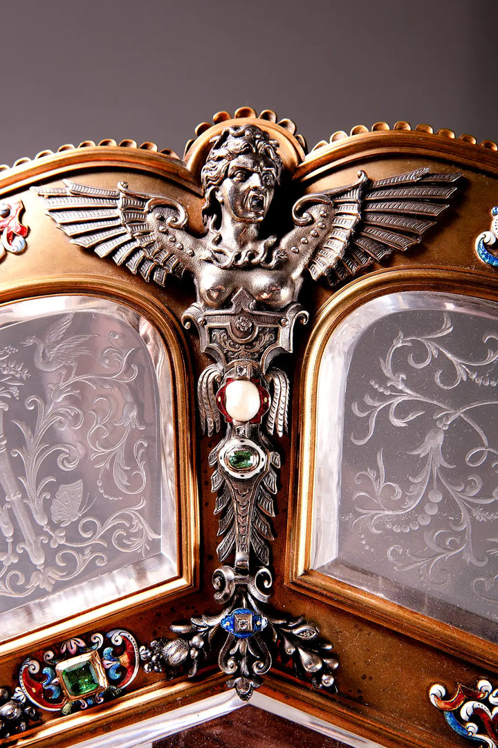 Close-up of a 19th century silver gilt and enamel tray with carved crystals by Nicholas Wells Antiques