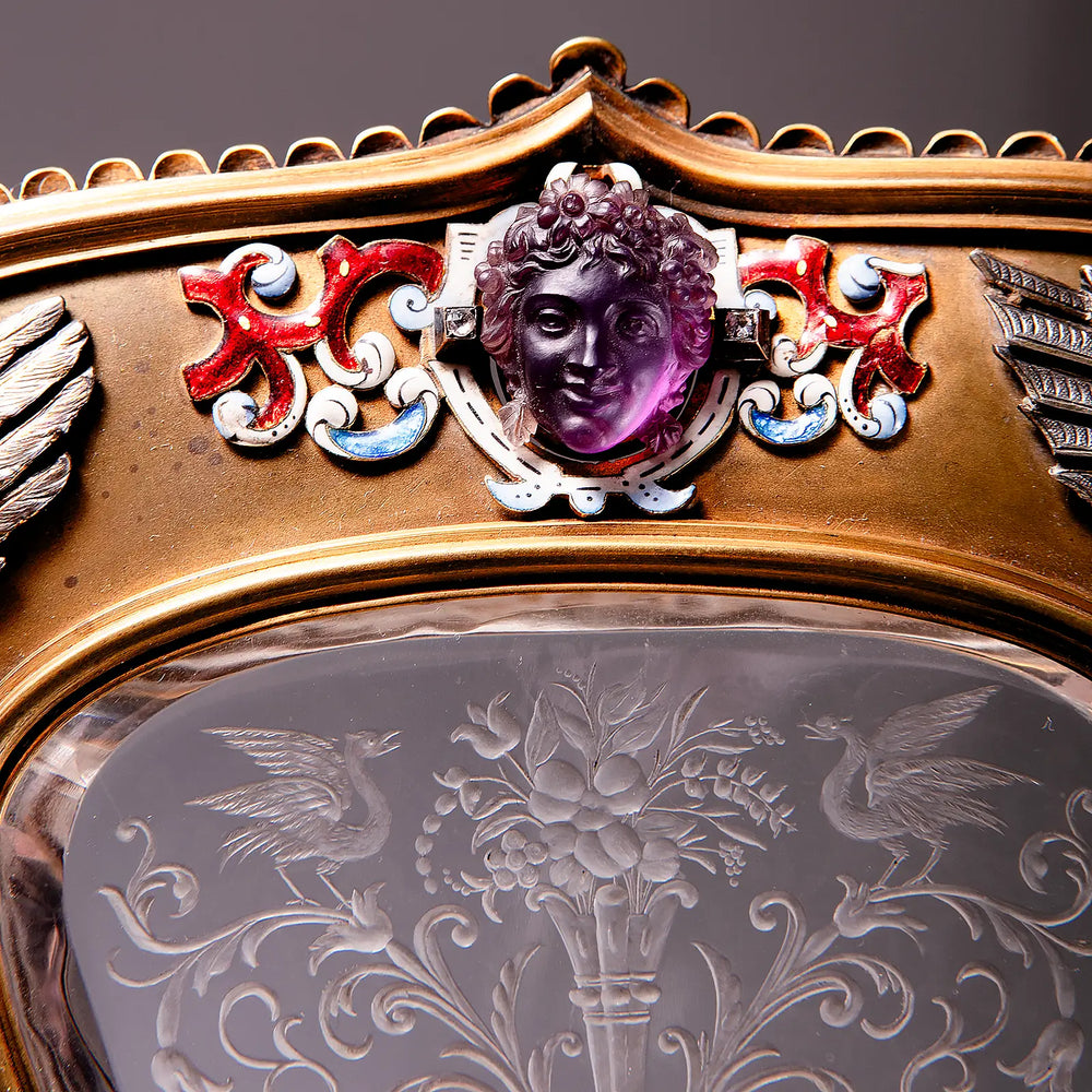Close-up of 19th century Karl Rรถssler silver gilt tray with carved crystal mask and engraved rock crystal scene by Nicholas Wells Antiques