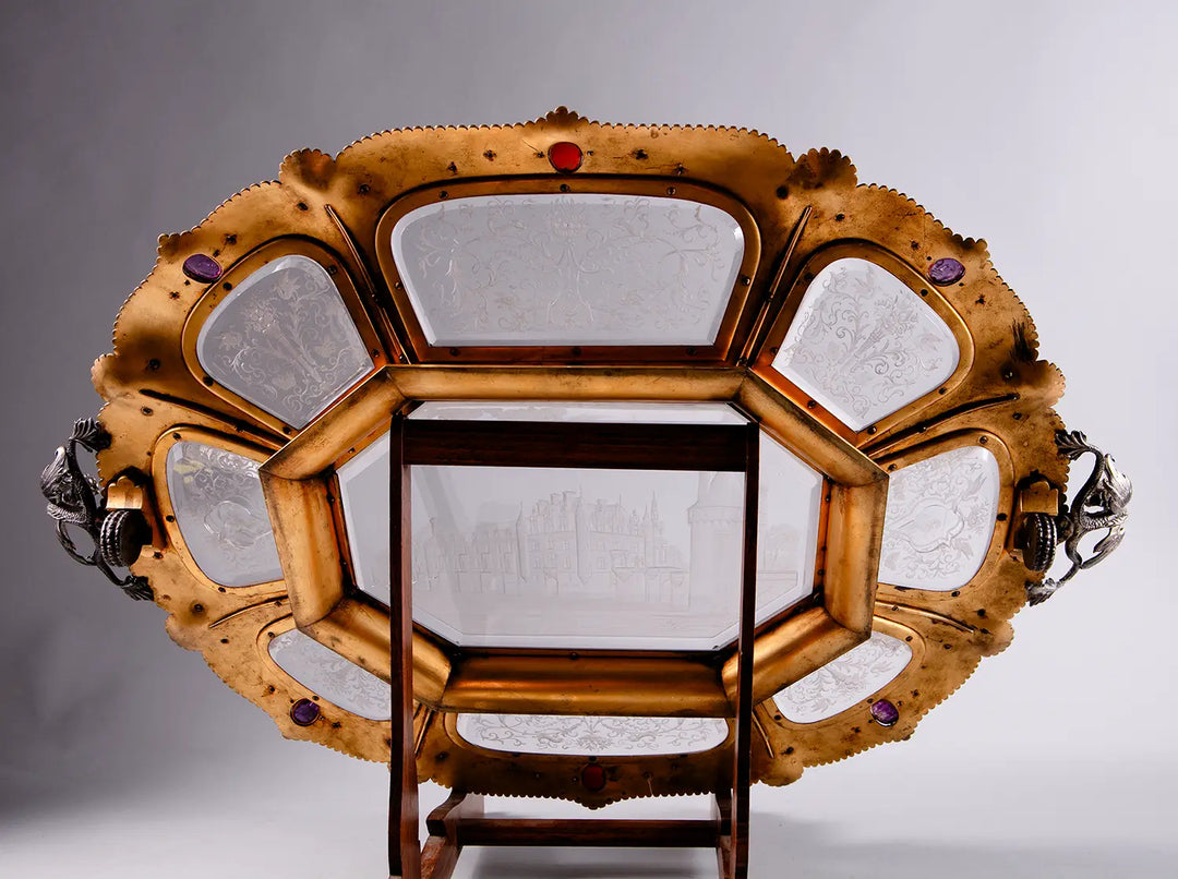 19th century silver gilt tray by Karl Rössler with rock crystal panels and baroque pearls offered by Nicholas Wells Antiques