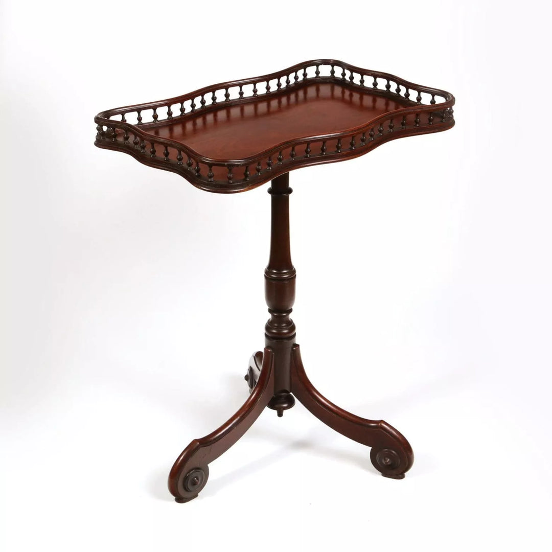 George III Tray Top Tripod Table with mahogany tray top, balustrade edge, turned tripod base, circa 1800 English antique.