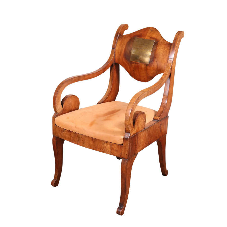 Antique Baltic armchair with walnut veneer and brass plaque, Regency style, Collection PK10, Crimean War provenance.
