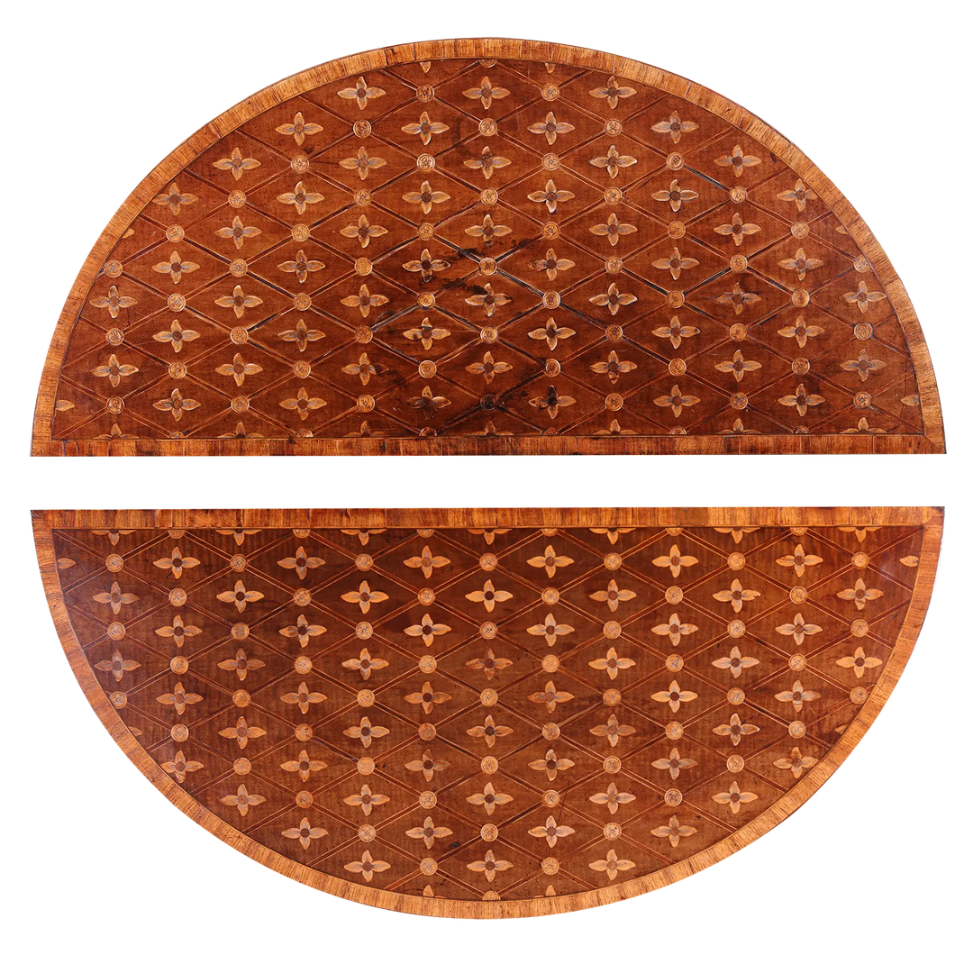 Small Pair of Demi Lune Card Tables Attributed to John Linnell with geometric parquetry tops and fine wood inlay details.