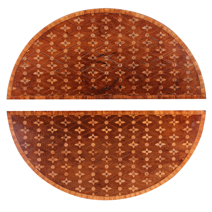 Small Pair of Demi Lune Card Tables Attributed to John Linnell with geometric parquetry tops and fine wood inlay details.