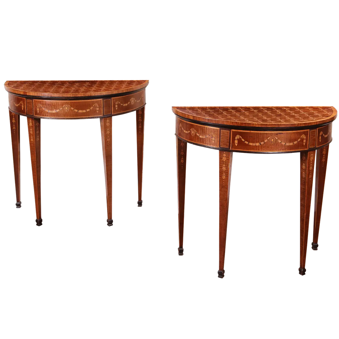 Small Pair of Demi Lune Card Tables Attributed to John Linnell, George III style with inlaid mahogany and parquetry tops.