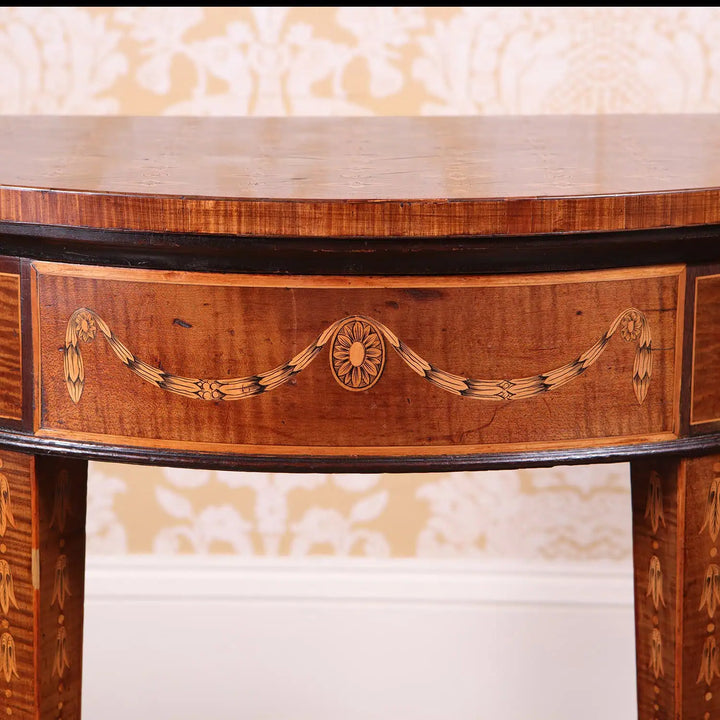 Small Pair of Demi Lune Card Tables Attributed to John Linnell with inlaid paterea, swags, and fiddleback mahogany details.