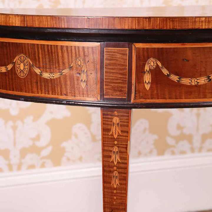 Small Pair of Demi Lune Card Tables Attributed to John Linnell with inlaid paterea and swags on mahogany frieze and legs.