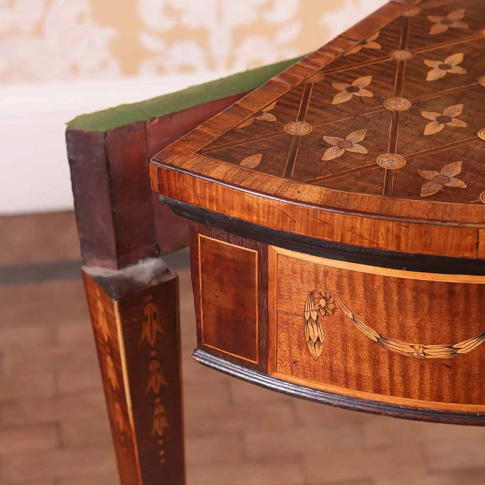 Small Pair of Demi Lune Card Tables Attributed to John Linnell with intricate parquetry and inlaid mahogany details.