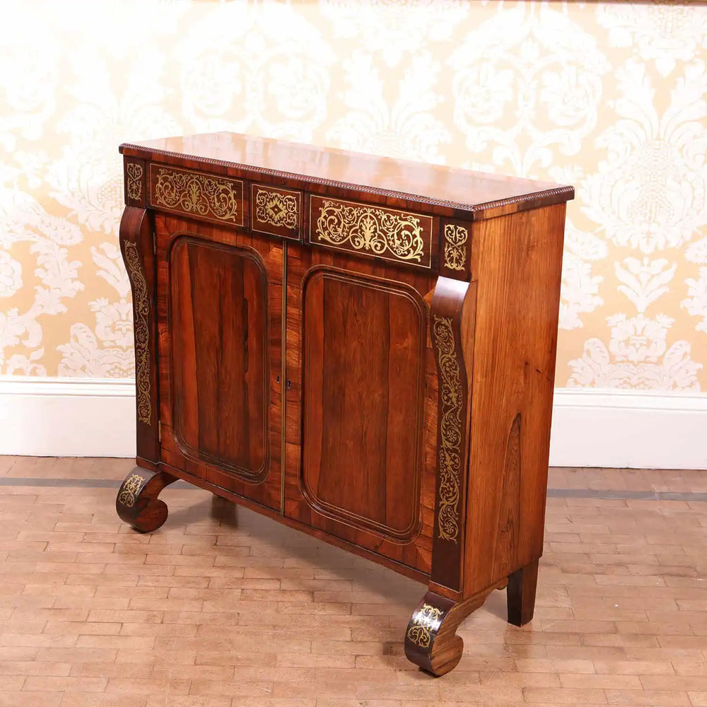 Regency rosewood side cabinet with brass inlay and scroll feet from Collection PK10, early 19th century England design.