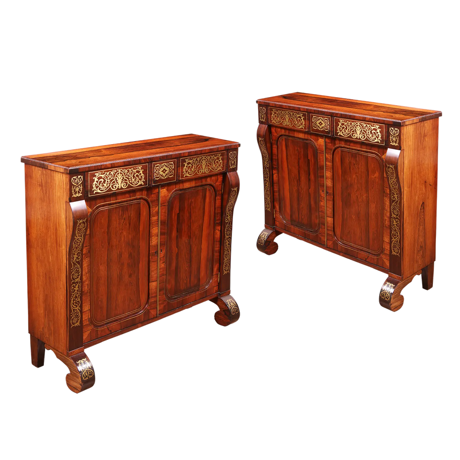 Pair of Regency rosewood side cabinets with brass inlay and scroll feet by Collection PK10, early 19th century elegance.