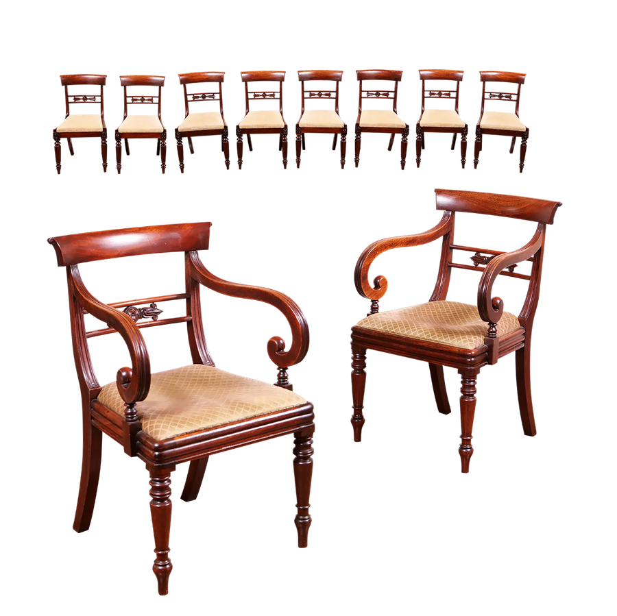 Set of 2+8 William IV mahogany dining chairs with upholstered seats by Collection PK10, circa 1815 England.