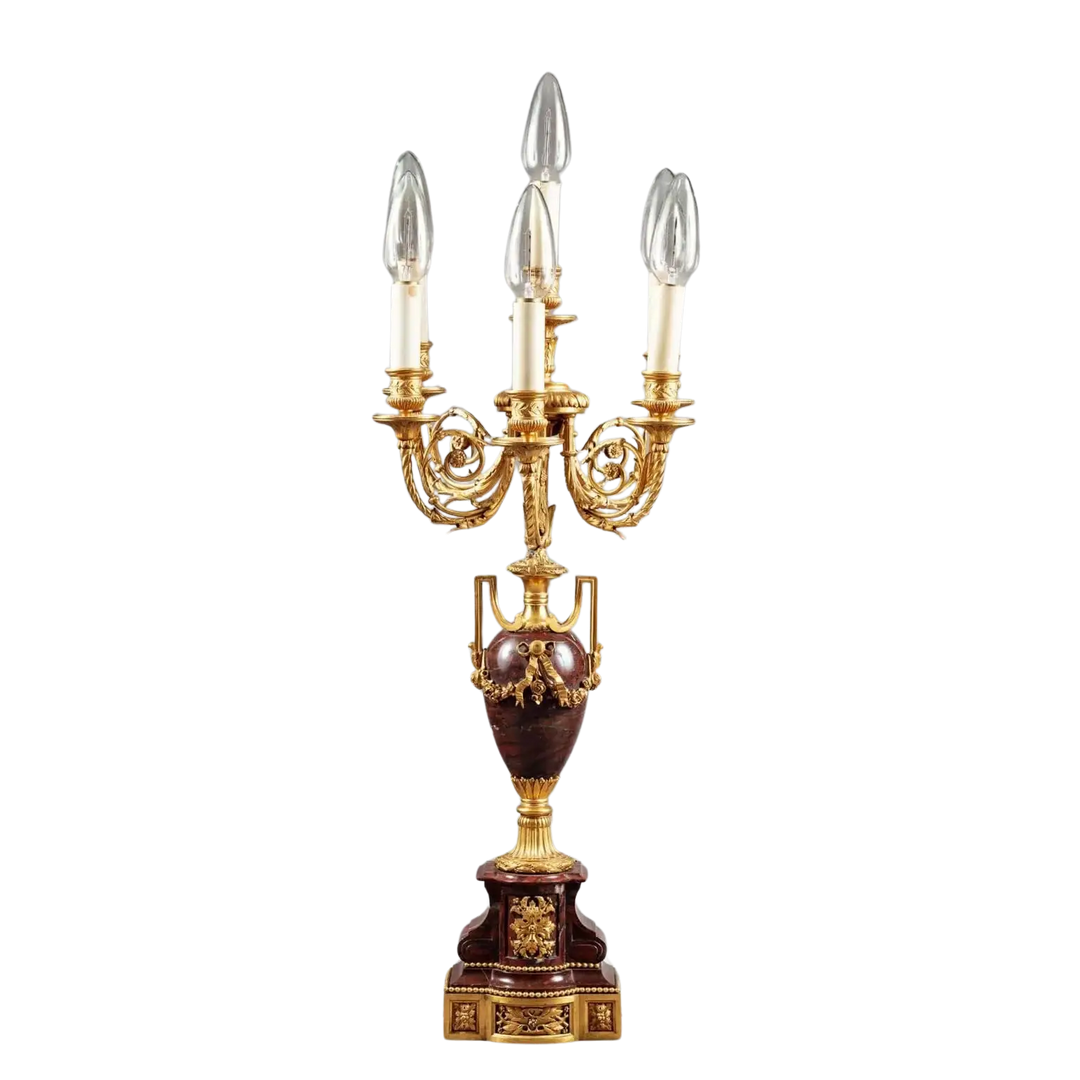 Gilt Bronze and Rosso Francia Marble Candelabra with six lights on ornate gilt-bronze arms, 19th-century French design.