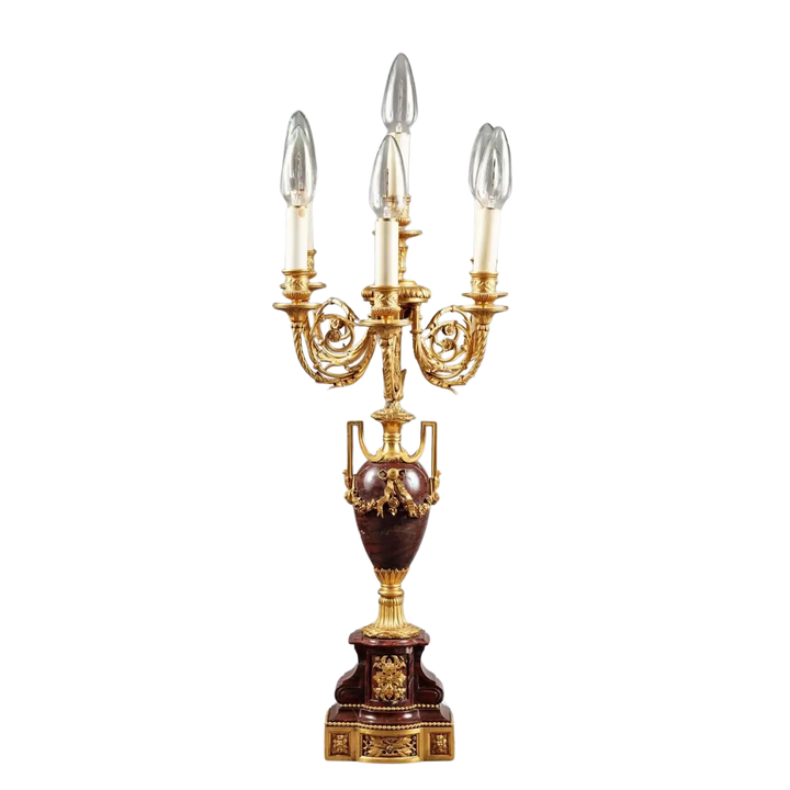 Gilt Bronze and Rosso Francia Marble Candelabra with six lights on ornate gilt-bronze arms, 19th-century French design.