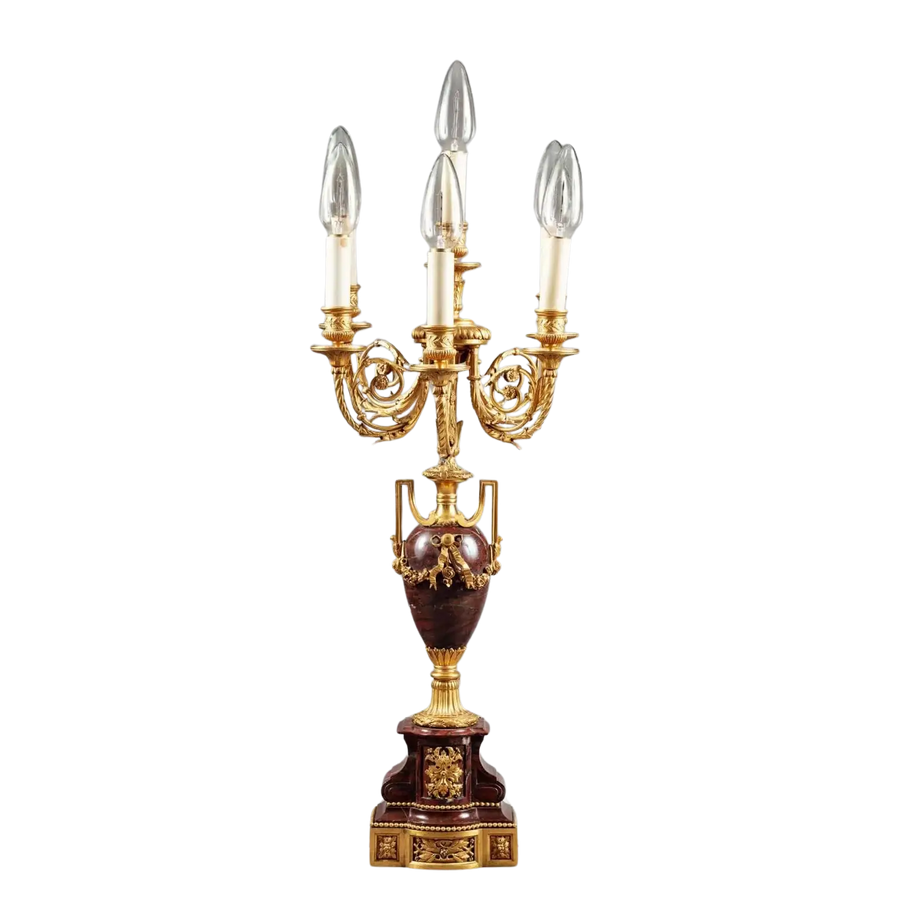 Gilt Bronze and Rosso Francia Marble Candelabra with six lights on ornate gilt-bronze arms, 19th-century French design.