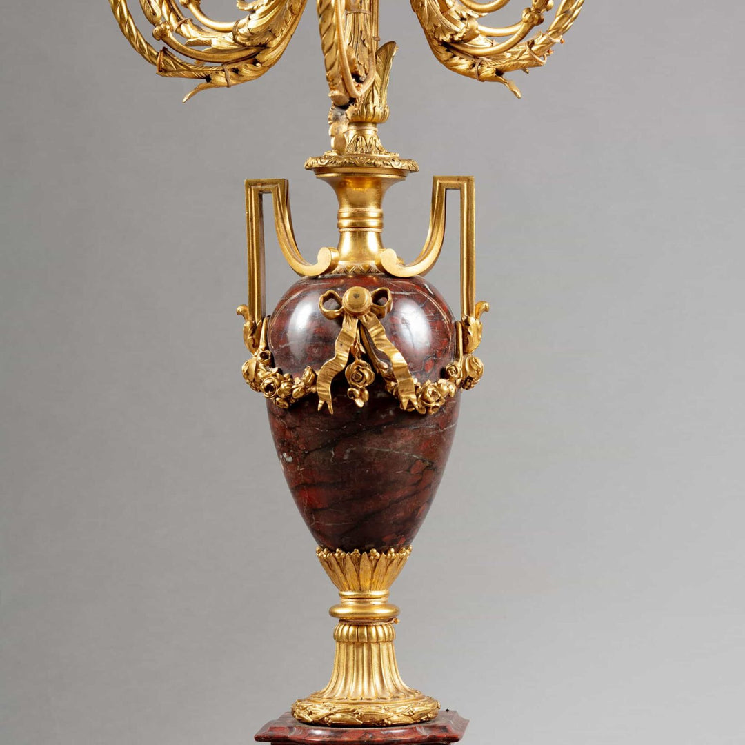 Gilt Bronze and Rosso Francia Marble Candelabra with six lights, fine 19th-century French craftsmanship circa 1880.