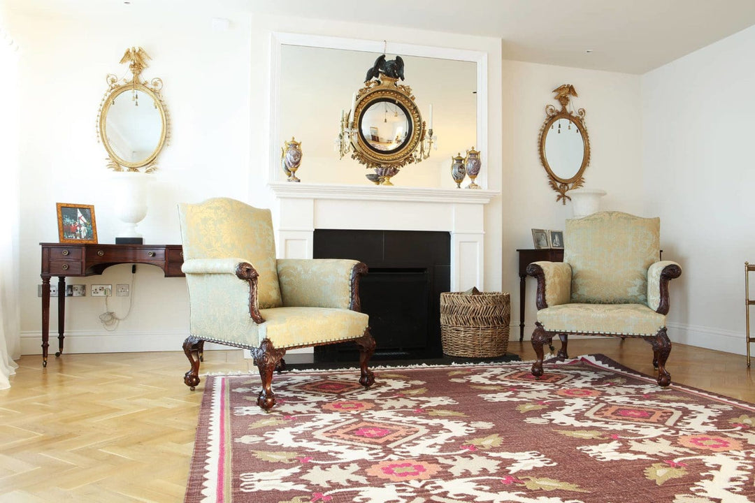 Pair of 19th Century Victorian mahogany library chairs with floral silk upholstery by Collection CK20 in elegant room setting