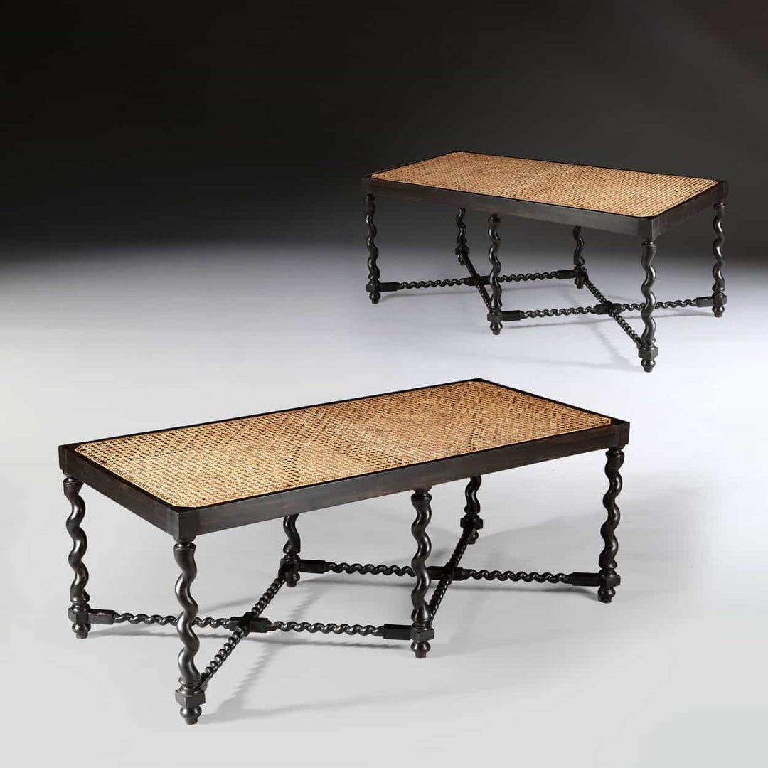 Pair of Solid Ebony Barley Twist Caned Long Benches