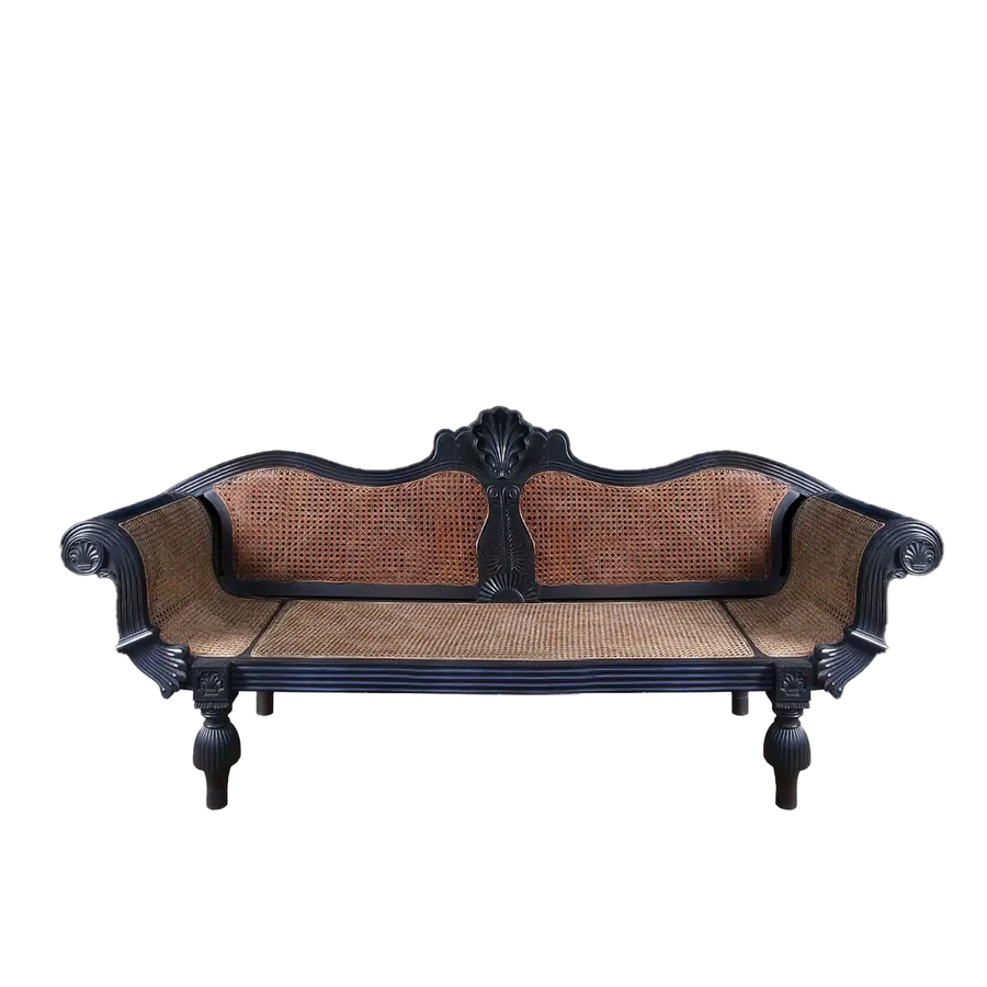 19th century solid ebony carved sofa from Ceylon with woven cane seating by Collection EE20