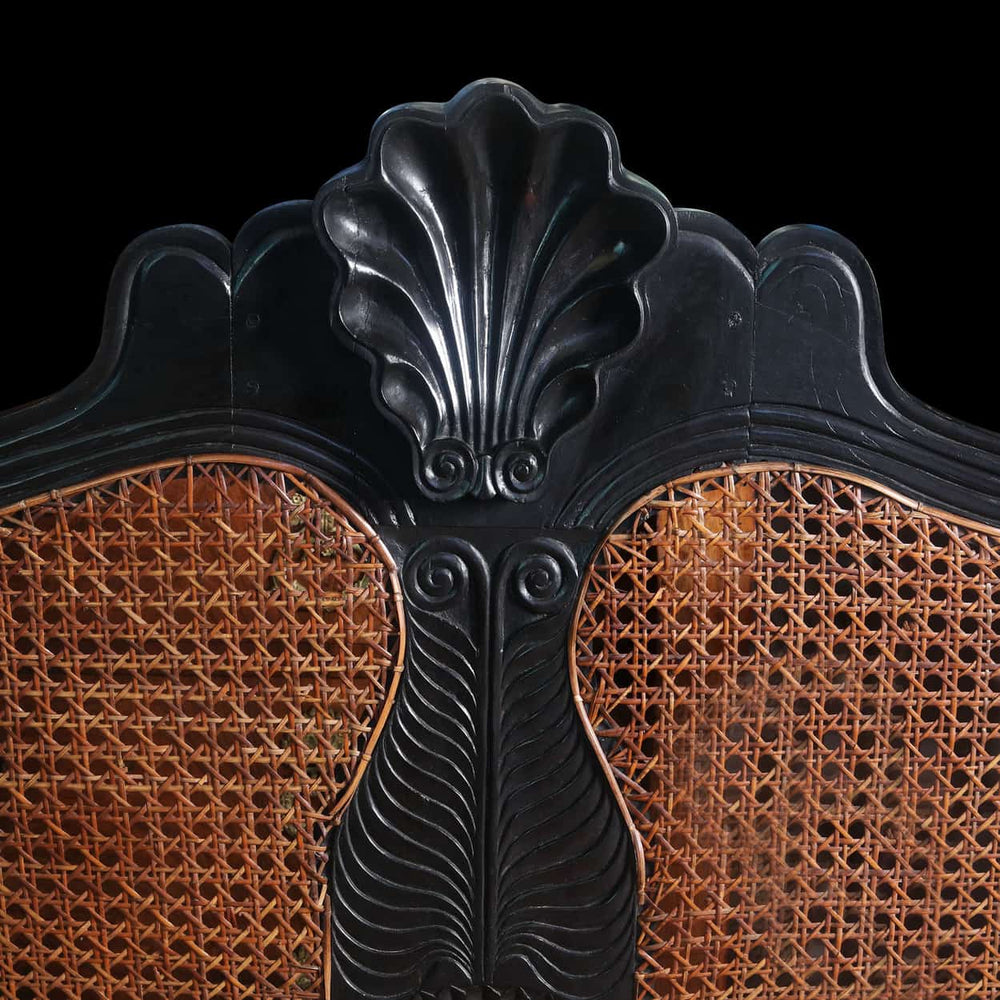 Close-up of 19th century Ceylonese solid ebony carved sofa backrest by Collection EE20 with intricate detailing