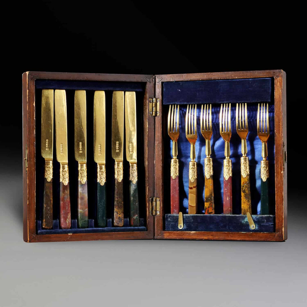 Set of Six Gold Plated Agate Fruit Knives & Forks