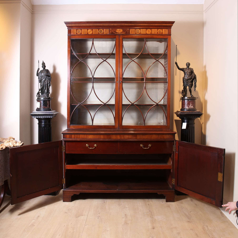 George III Sheraton cabinet bookcase in mahogany with boxwood inlay by Collection CK20, open doors showing shelves
