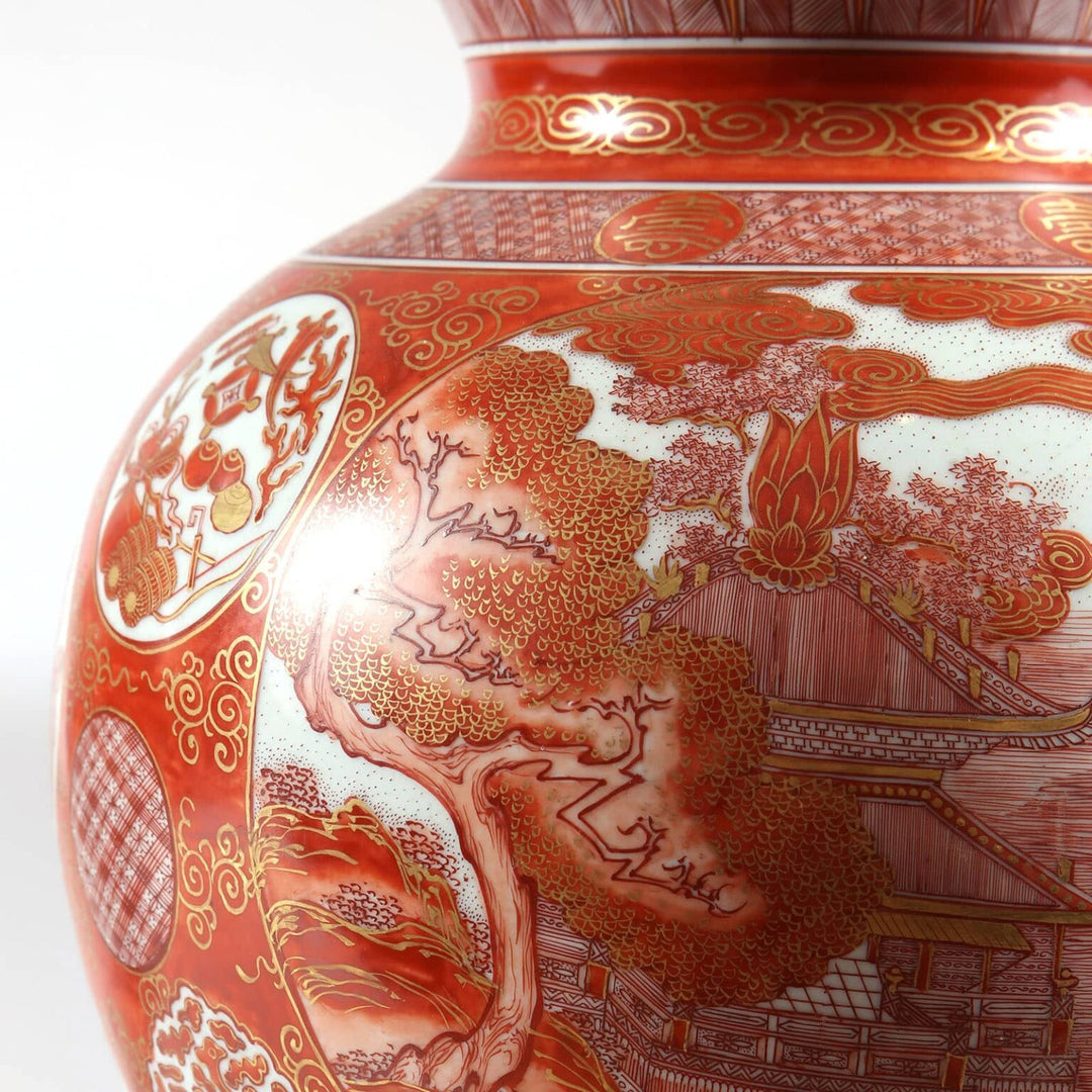 Pair of Japanese Kutani Double Gourd Vases as Table Lamps with intricate red and gold traditional landscape design