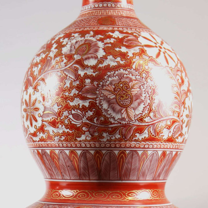 Pair of Japanese Kutani Double Gourd Vases as Table Lamps with intricate red and white floral designs circa 1900.