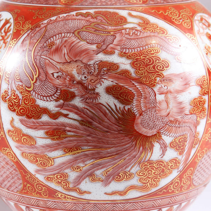 Pair of Japanese Kutani Double Gourd Vases as Table Lamps with intricate red dragon and phoenix design close-up.