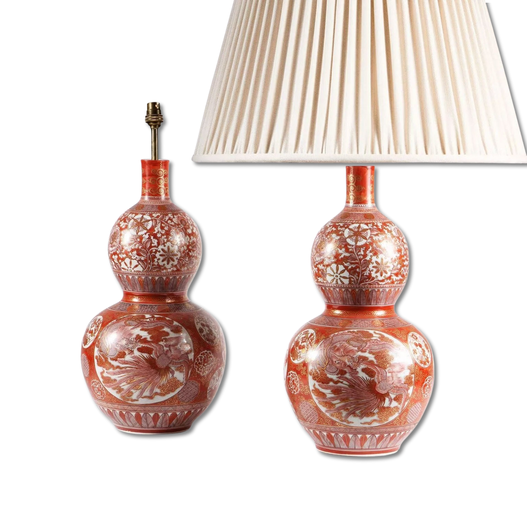Pair of Japanese Kutani Double Gourd Vases as Table Lamps with red and white floral and bird design, circa 1900.