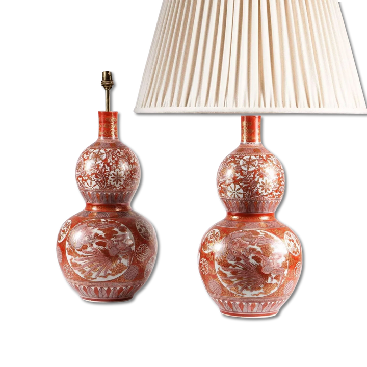 Pair of Japanese Kutani Double Gourd Vases as Table Lamps with red and white floral and bird design, circa 1900.