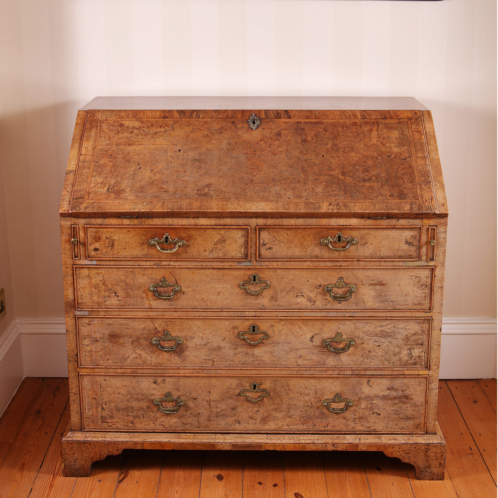 Ham House George I burr walnut bureau with brass hardware by Nicholas Wells Antiques, early 18th-century English piece