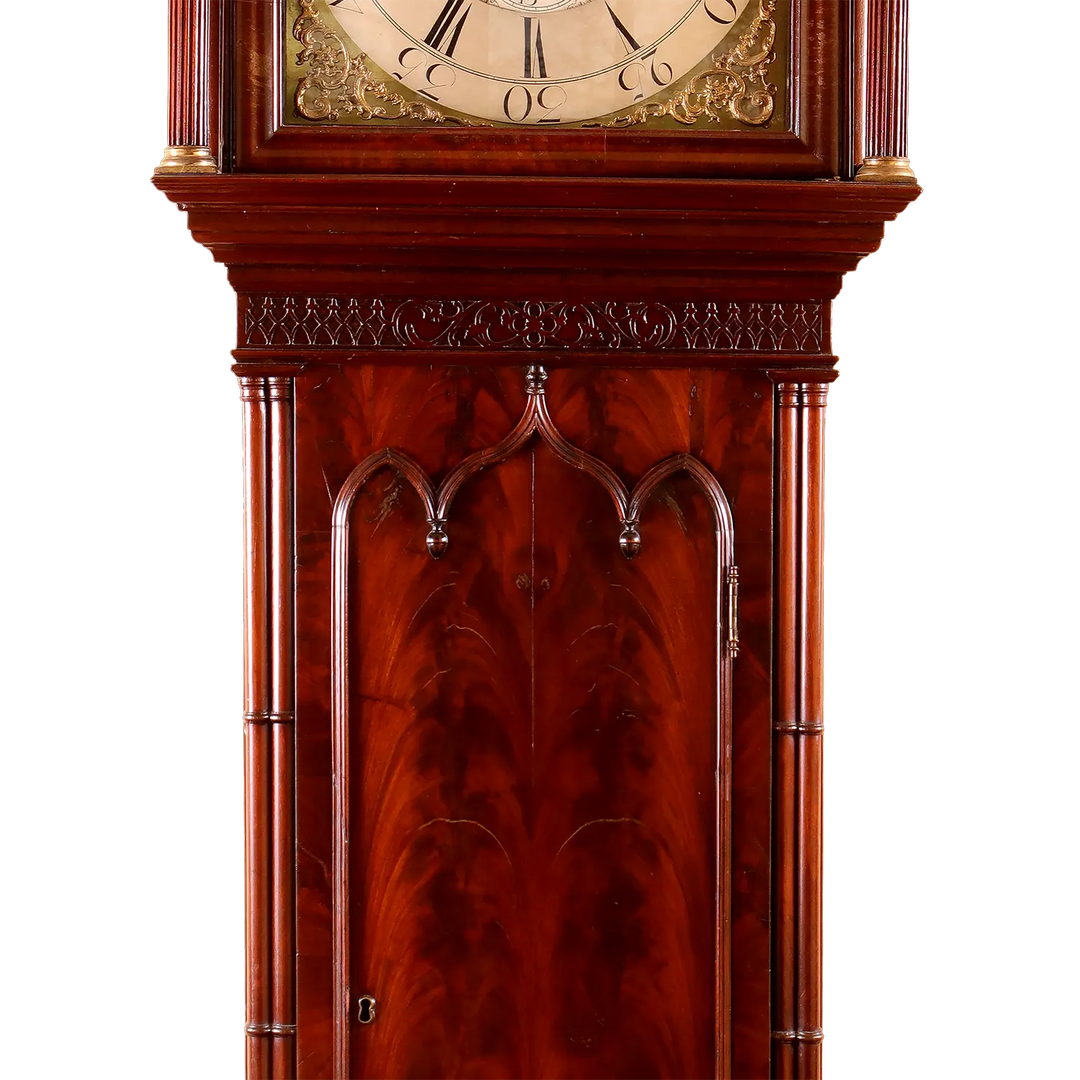 Close-up of a mahogany Gothic-style longcase clock door by Sanders of Manchester from Collection PK10