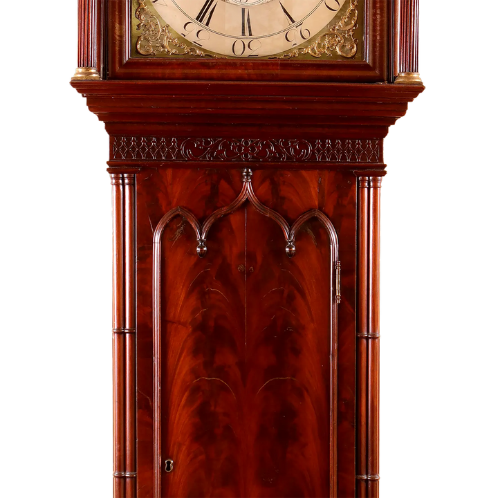 Close-up of a mahogany Gothic-style longcase clock door by Sanders of Manchester from Collection PK10