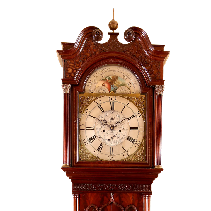 Sanders of Manchester mahogany longcase clock with moonphase dial by Collection PK10, Georgian period elegance