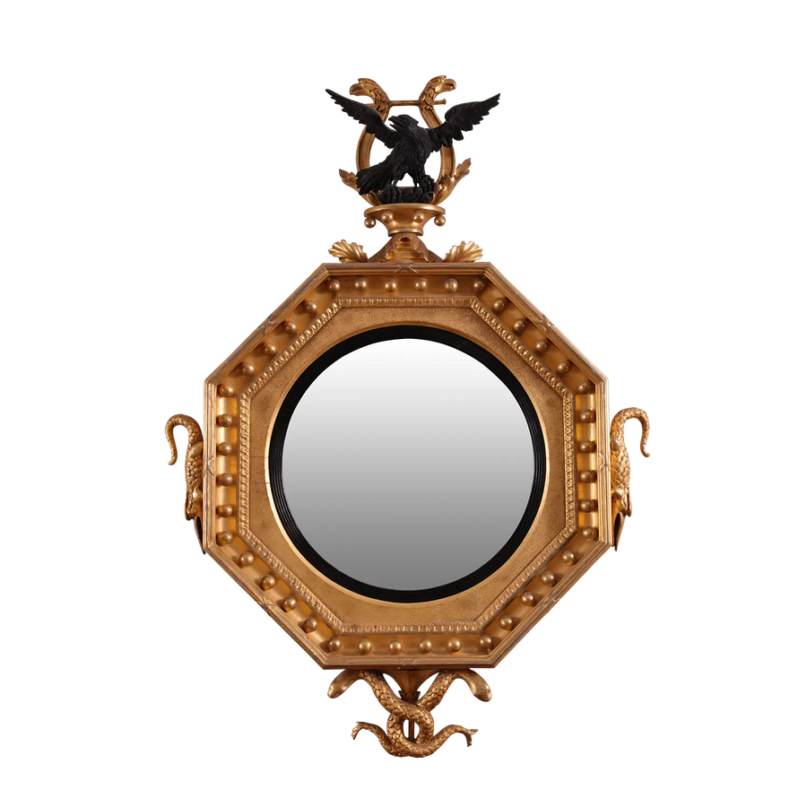 Rare Early 19th Century Regency Octagonal Convex Mirror with giltwood frame, eagle, crocodiles, and serpents carvings.
