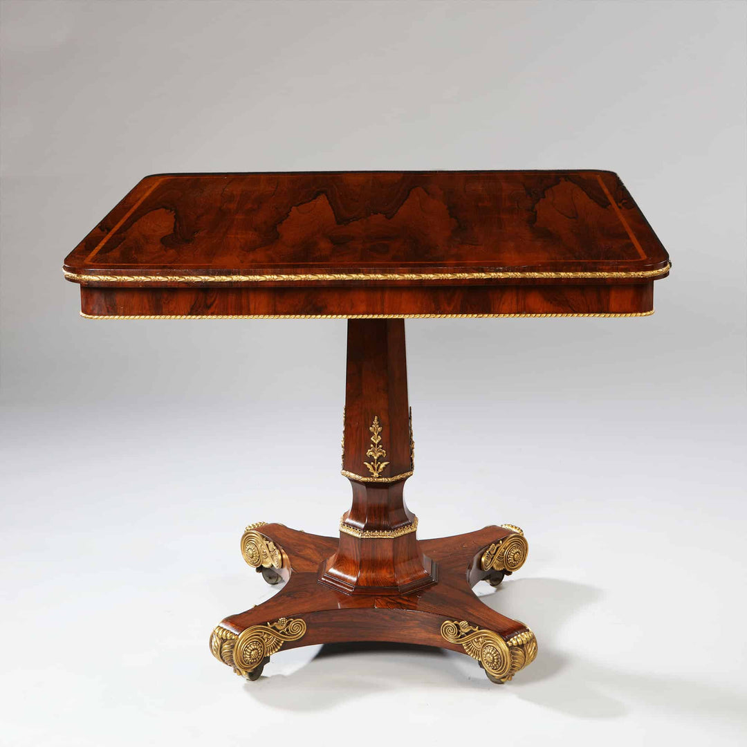 Regency Rosewood Square Center Table with gilt metal ornament, rosewood veneer top, and bronze detailed splayed legs.